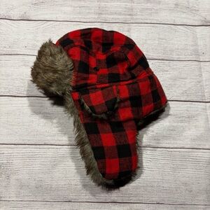 Men's Red and Black Plaid Trapper Hat
